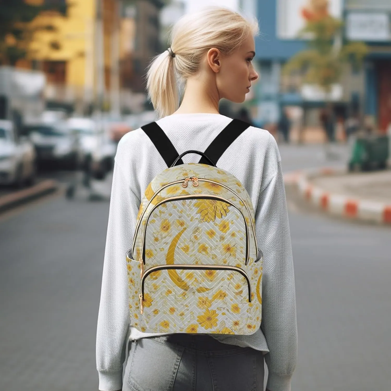 Boho Floral Crescent Yellow Campus Backpack Purse Bookbag Quilted Backpack for Women 13" Laptop Backpack Stylish Printed Rucksack with Multiple Pockets Lightweight Travel