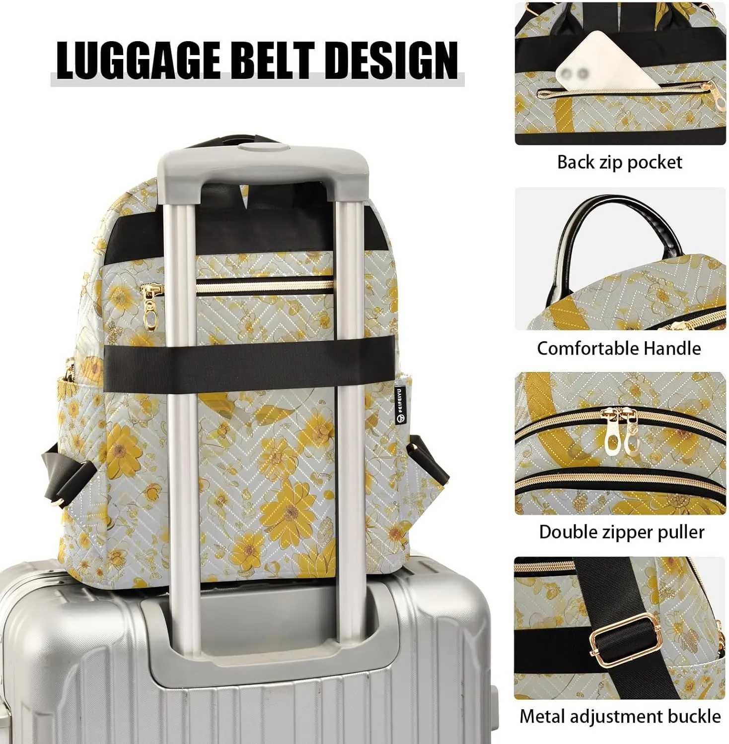 Boho Floral Crescent Yellow Campus Backpack Purse Bookbag Quilted Backpack for Women 13" Laptop Backpack Stylish Printed Rucksack with Multiple Pockets Lightweight Travel