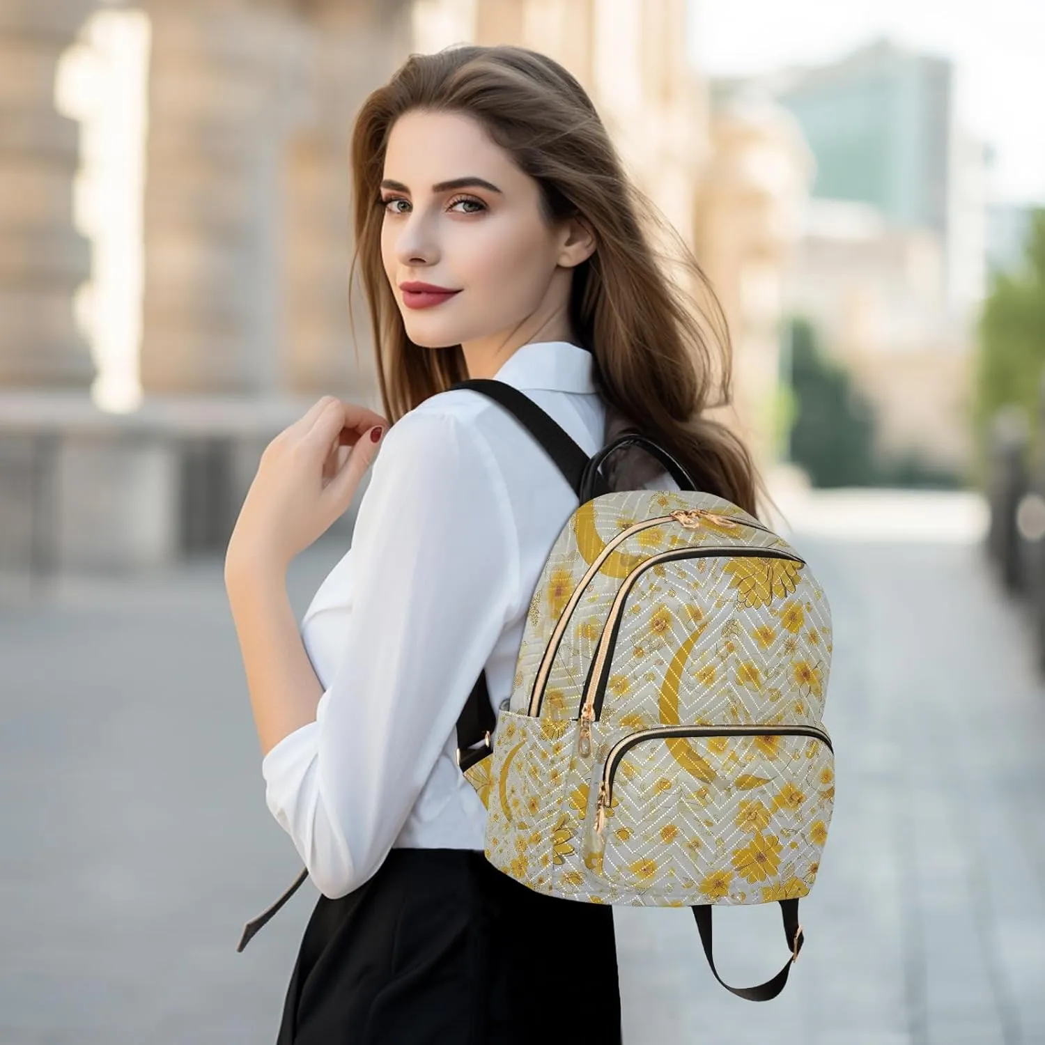 Boho Floral Crescent Yellow Campus Backpack Purse Bookbag Quilted Backpack for Women 13" Laptop Backpack Stylish Printed Rucksack with Multiple Pockets Lightweight Travel