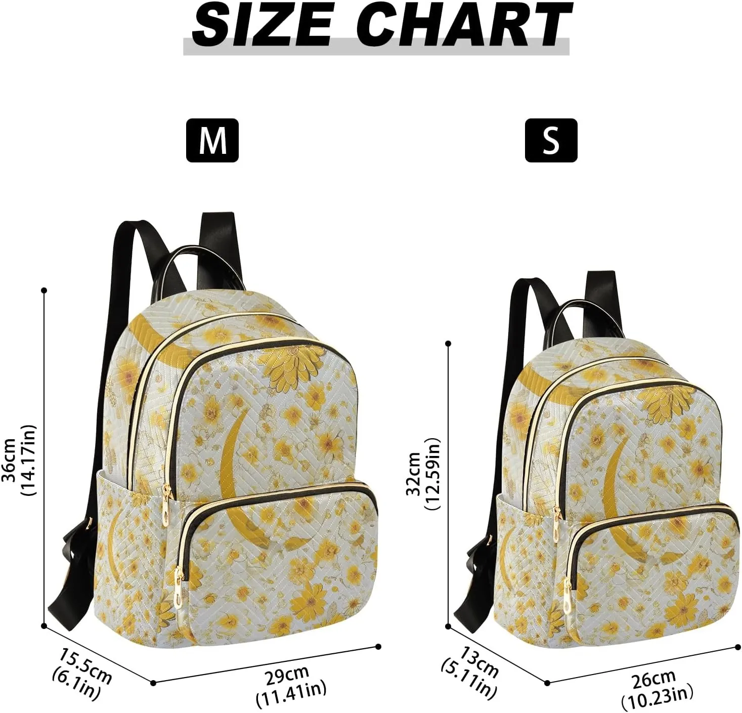 Boho Floral Crescent Yellow Campus Backpack Purse Bookbag Quilted Backpack for Women 13" Laptop Backpack Stylish Printed Rucksack with Multiple Pockets Lightweight Travel