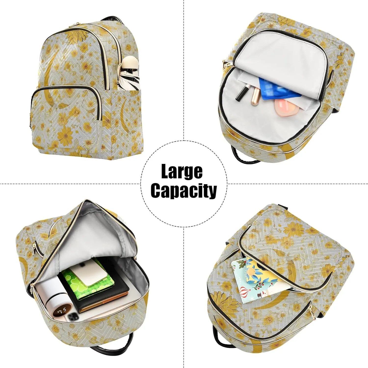 Boho Floral Crescent Yellow Campus Backpack Purse Bookbag Quilted Backpack for Women 13" Laptop Backpack Stylish Printed Rucksack with Multiple Pockets Lightweight Travel