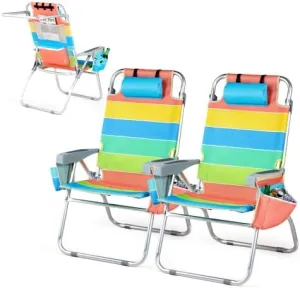 Bonnlo 2 Pack Backpack Beach Chair with 5-Position, Cup Holders, Cooler Bag, Towel Bar, Lightweight Folding Beach Camping Chairs for Adults Blue/Green/Rainbow Bag Chairs Reclining