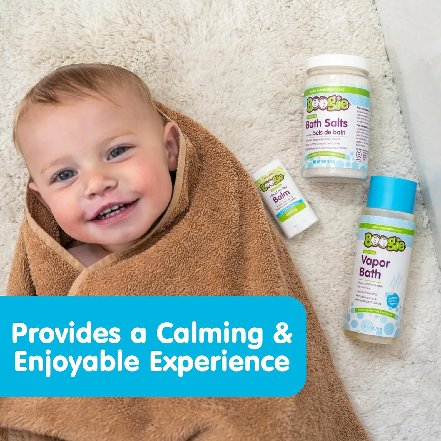 Boogie Spa Kit, Includes Boogie Kids Bath Salts, Eucalyptus, 15 oz (Pack of 1) Vapor Bath 10 Fl oz (Pack of 1) Chest Rub Stick 0.49 oz (Pack of 1)