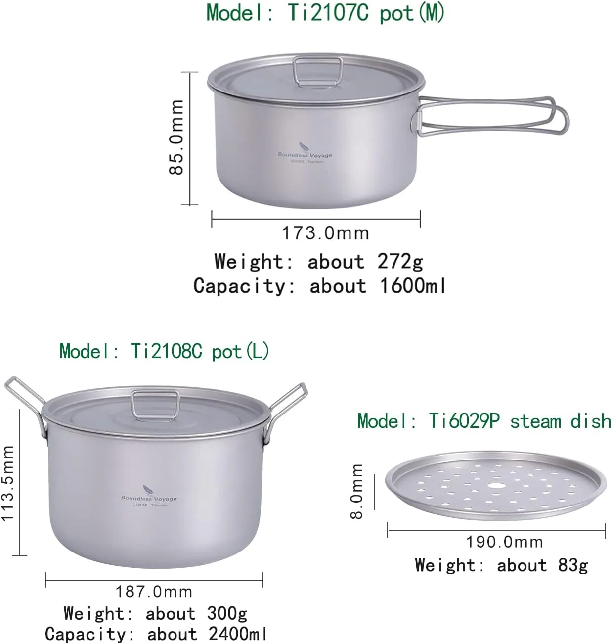 Boundless Voyage Camping Cookware Lightweight Cooking Pot Set Titanium Pot Portable for Outdoor Cooking Traveling Hiking Trekking Backpacking, 1-5 Person