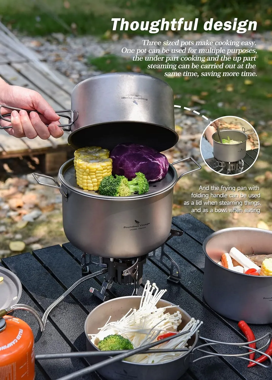 Boundless Voyage Camping Cookware Lightweight Cooking Pot Set Titanium Pot Portable for Outdoor Cooking Traveling Hiking Trekking Backpacking, 1-5 Person