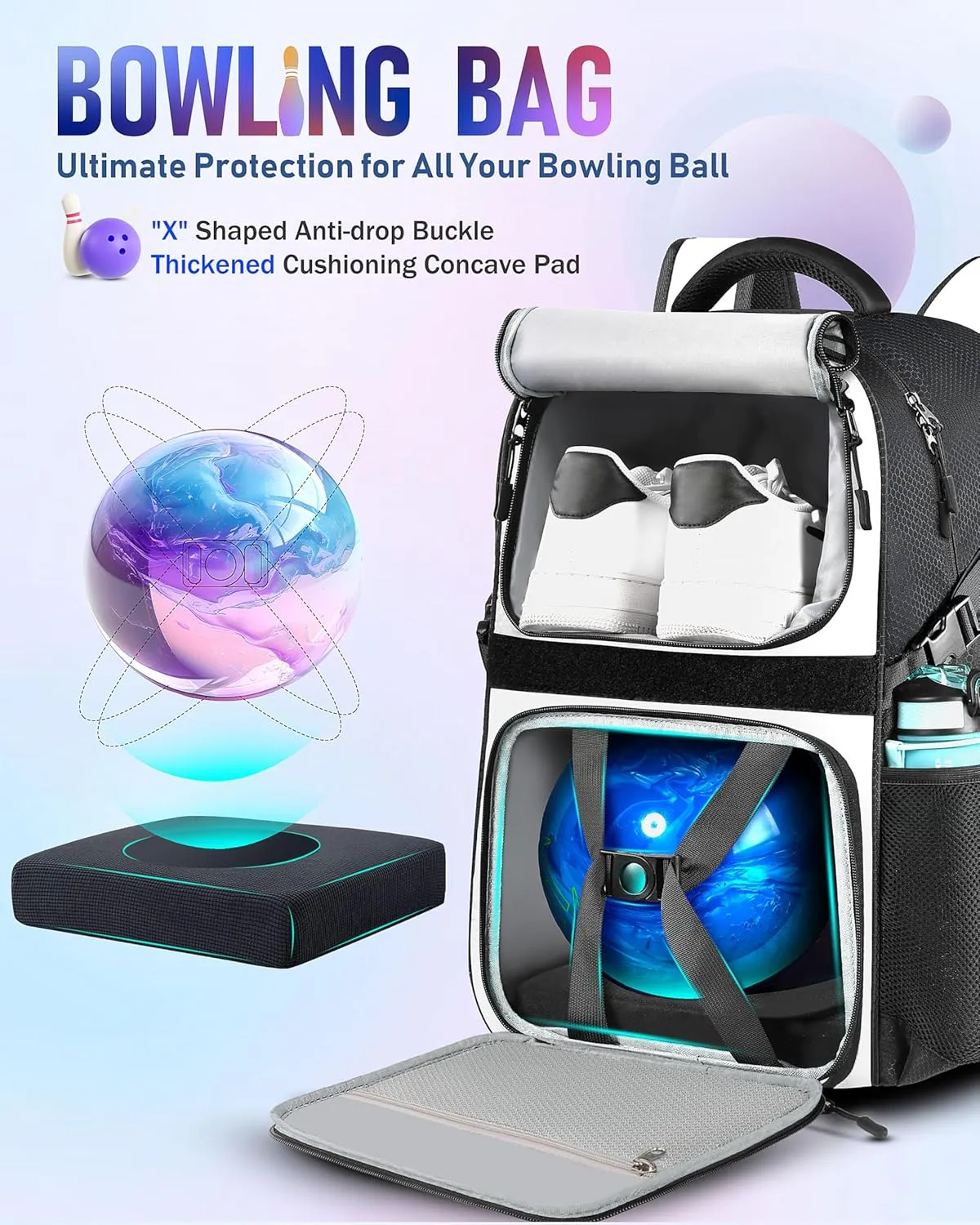 Bowling Ball Bag - Single Ball Backpack with Shoe Bag, Up to Size 16, Padded Holder