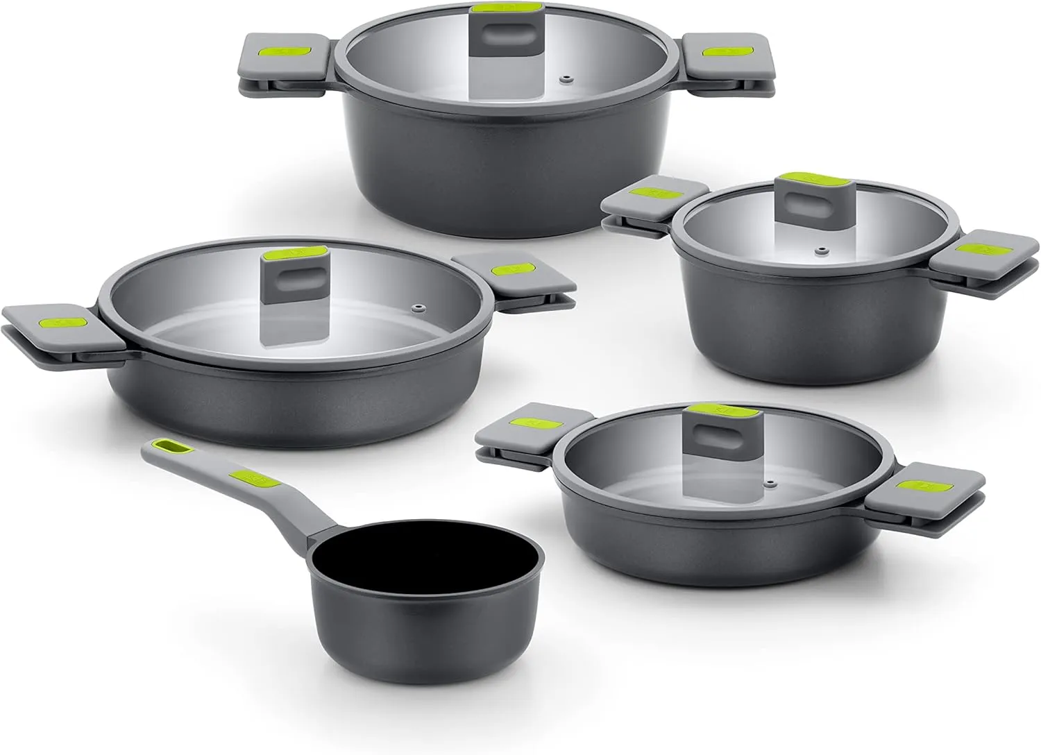 BRA LIFE – 9 Pieces of Cast Aluminium 100% Recycled, Non-Stick Reinforced Ceramic without PFOA without PTFE, Suitable for All Types of Cookers and Induction