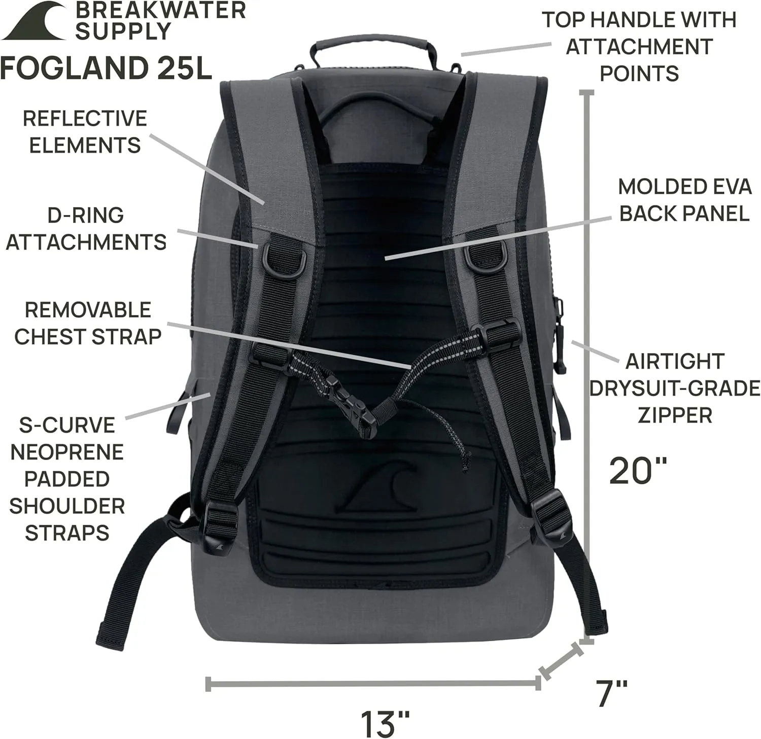 Breakwater Supply™ 100% Waterproof Submersible Backpack, Laptop Bag, Airtight Zippers | Travel Outdoors | Fogland 25L 20L 15L