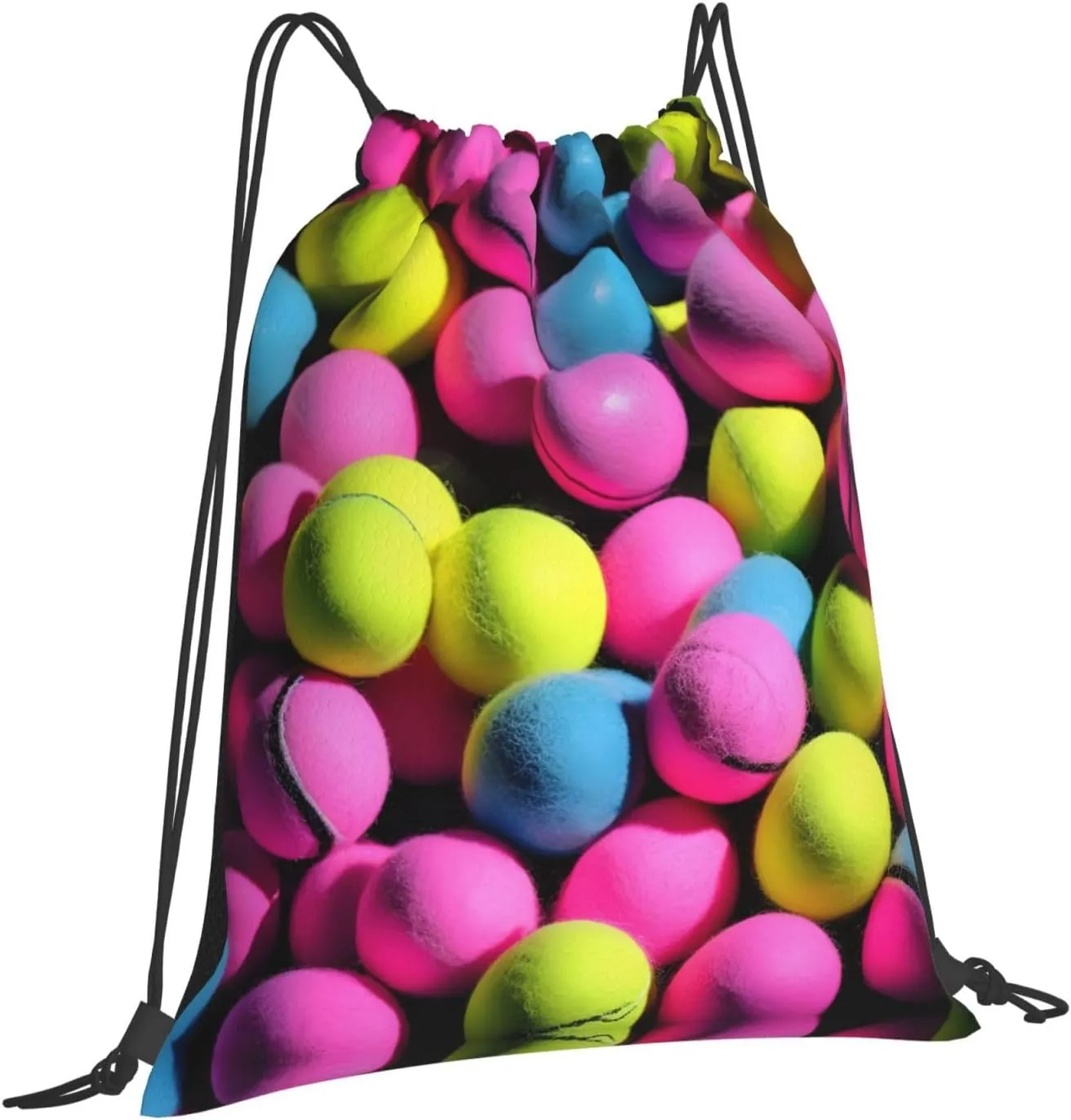 Bright Pink Tennis Balls Print Sports Drawstring Backpack,Water Resistant Bag, Gym Backpack for Women Men