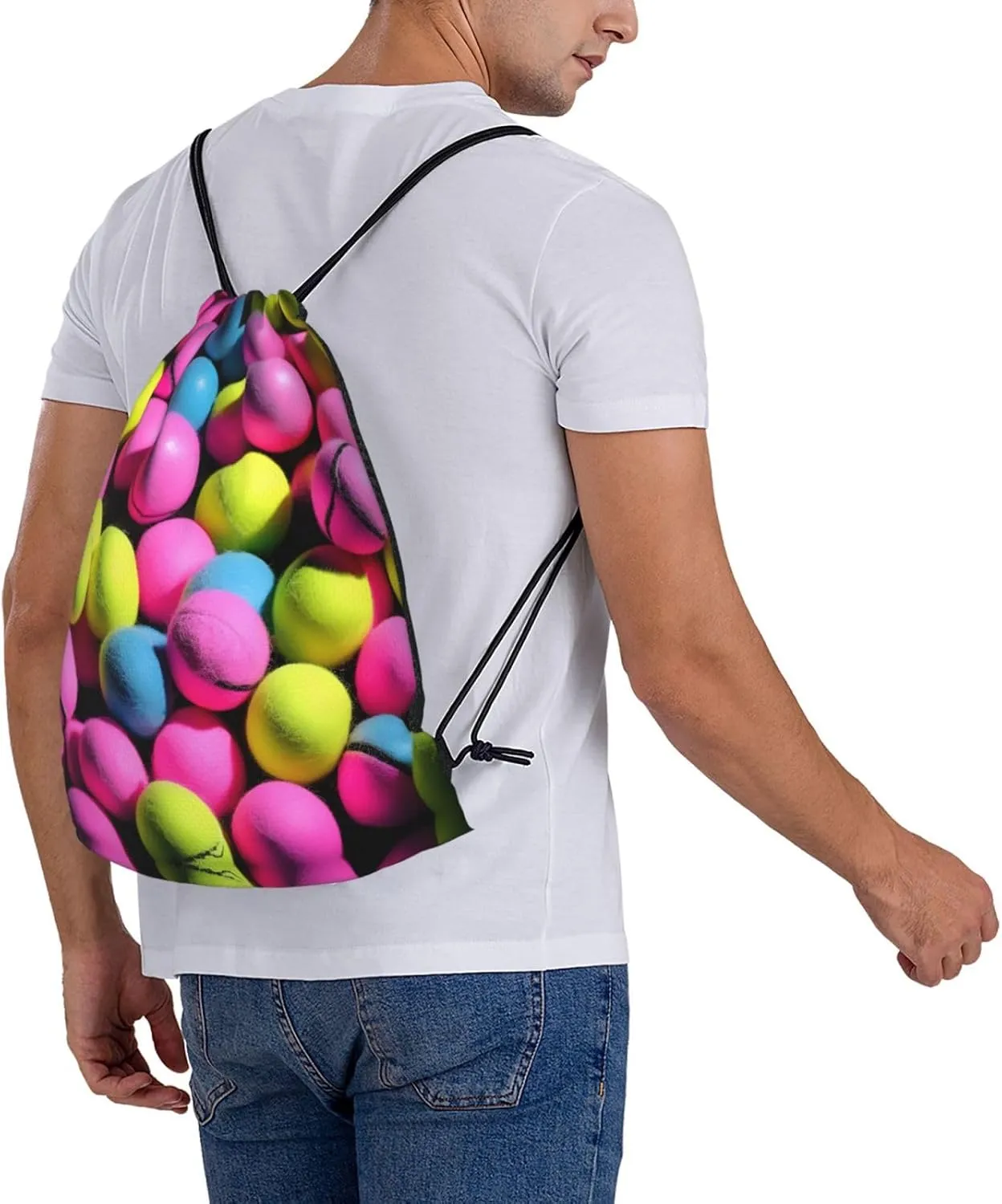 Bright Pink Tennis Balls Print Sports Drawstring Backpack,Water Resistant Bag, Gym Backpack for Women Men