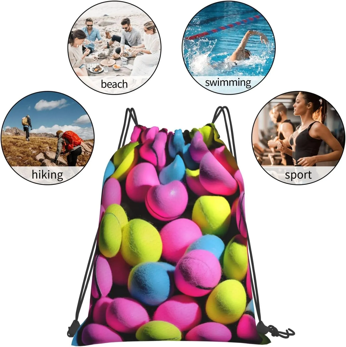 Bright Pink Tennis Balls Print Sports Drawstring Backpack,Water Resistant Bag, Gym Backpack for Women Men