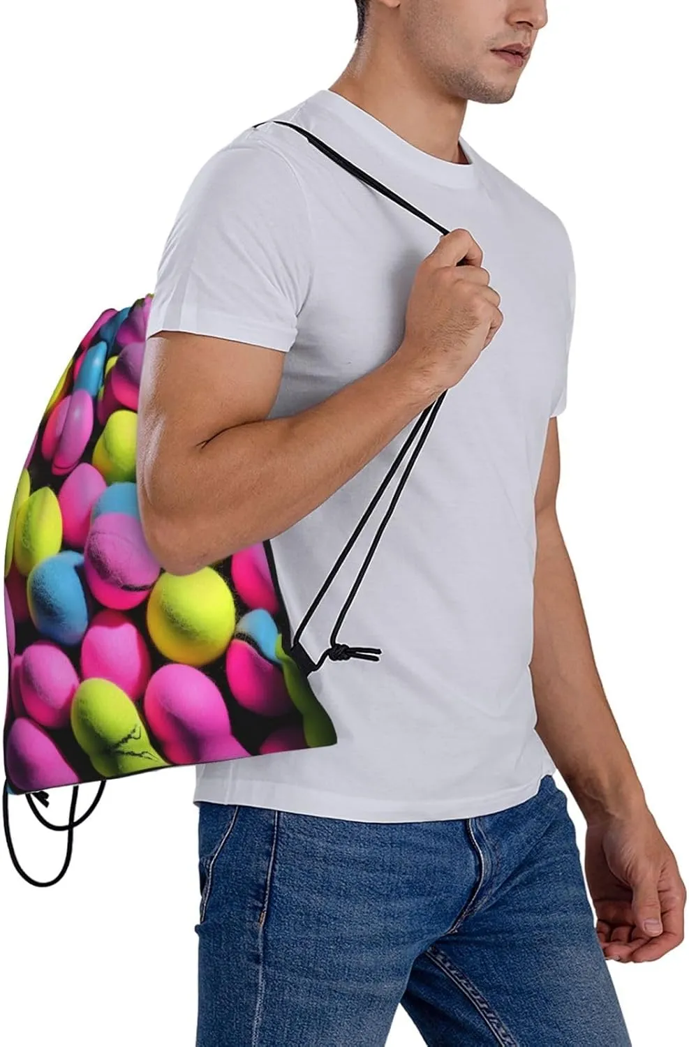 Bright Pink Tennis Balls Print Sports Drawstring Backpack,Water Resistant Bag, Gym Backpack for Women Men