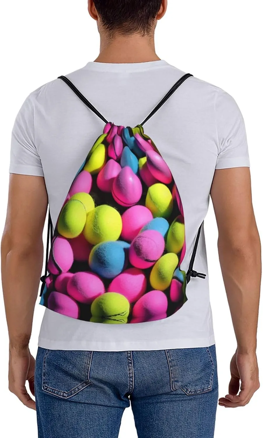 Bright Pink Tennis Balls Print Sports Drawstring Backpack,Water Resistant Bag, Gym Backpack for Women Men
