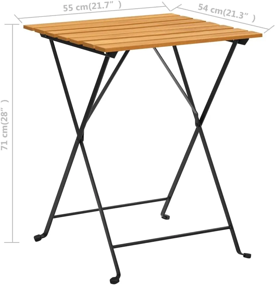 Brown Bistro Table Solid Acacia Wood, Outdoor Furniture for Dining, Camping, Kitchen, Portable Side, Foldable Table - Black Steel Frame