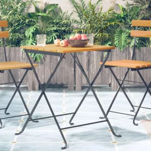 Brown Bistro Table Solid Acacia Wood, Outdoor Furniture for Dining, Camping, Kitchen, Portable Side, Foldable Table - Black Steel Frame