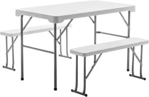 BTEXPERT 3-Piece Set Plastic Portable Folding Beer Picnic Table & Two Benches Seats Foldable Heavy Duty White for Party RV Patio Dining Event Camping Outdoor Activity Commercial Family Home Garden
