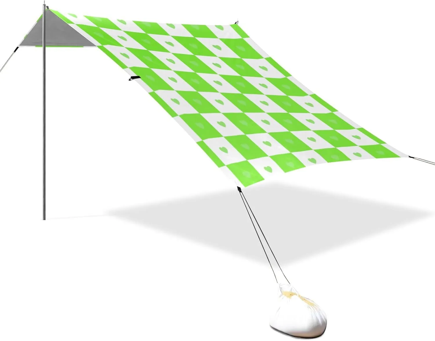 Buffalo Plaid Check Heart Green Designed UPF50  Foldable Beach Canopy Waterproof Sun Shade with Sturdy Poles, Sandbags and Shovel for Camping, Fishing, Backyard Fun carpas para el sol