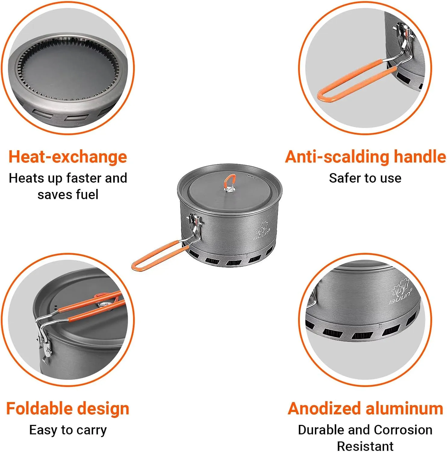 Bulin Camping Pot, 2.1L High Efficiency Backpacking Pot Ultralight Camping Cooking Set Cookware Gear with Heat-Proof Handle & Heat Exchanger for Outdoor Picnic Hiking Travel