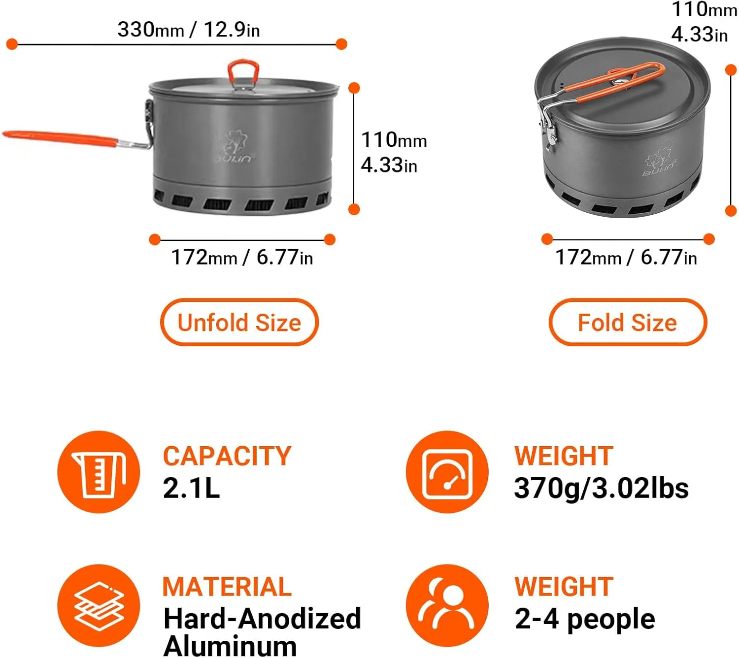 Bulin Camping Pot, 2.1L High Efficiency Backpacking Pot Ultralight Camping Cooking Set Cookware Gear with Heat-Proof Handle & Heat Exchanger for Outdoor Picnic Hiking Travel