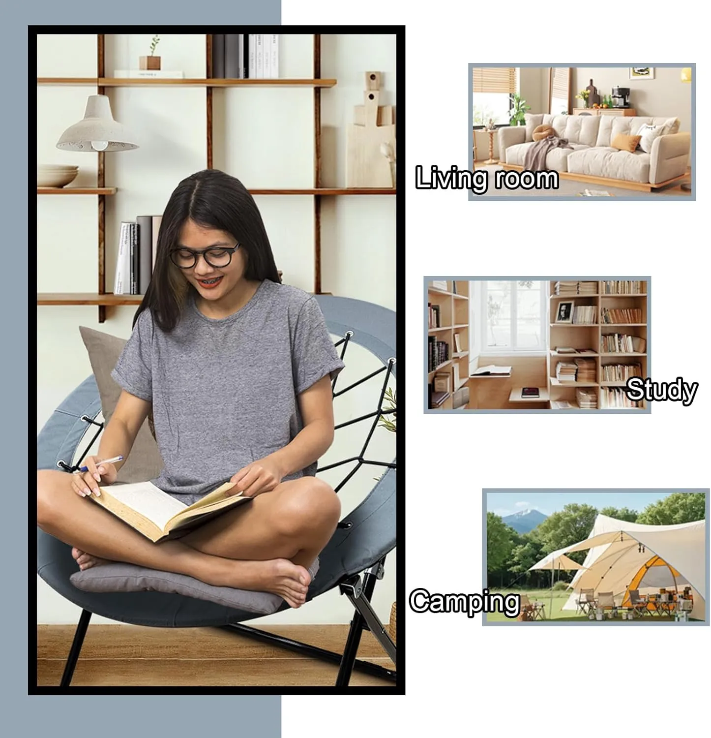 Bungee Chair Portable Foldable, Dish Bunjo Game Chair for Outdoor and Indoor and Camping and BBQ (Gray)