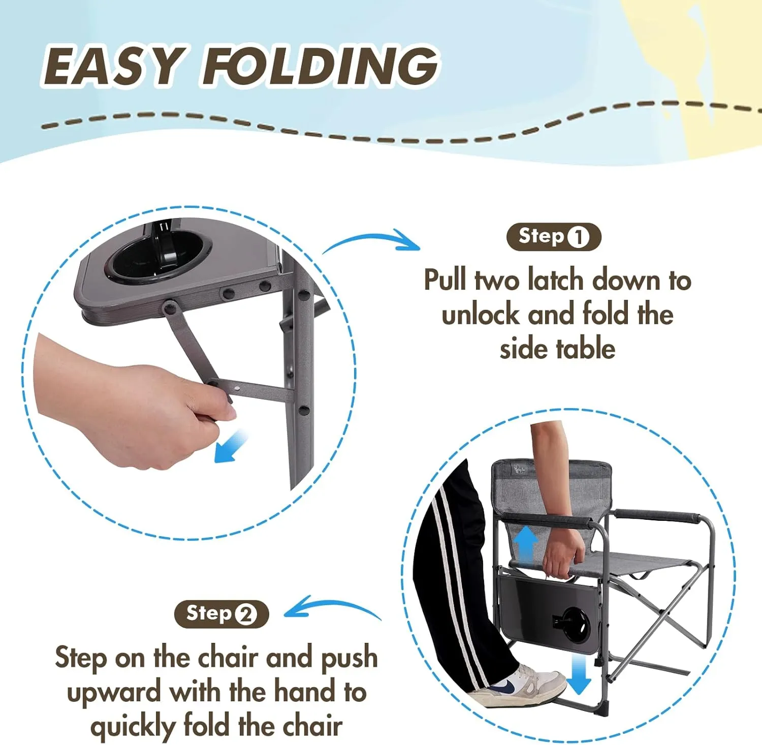 Busy Bee Kids Director Camping Chair with Foldable Side Table, Lightweight, Flat Folding, Compact and Portable, Perfect Kid Beach Chairs, Supports 150 Lbs.