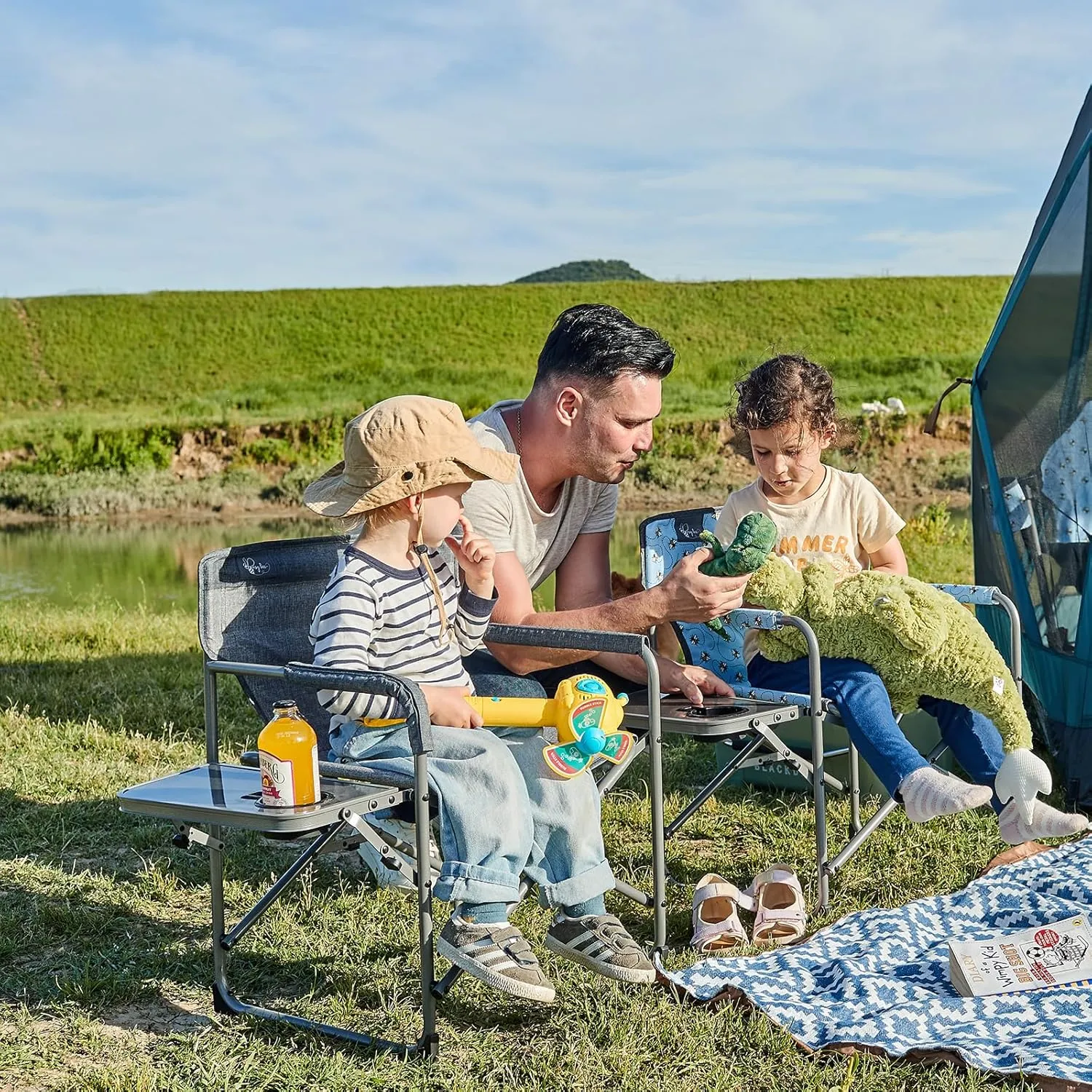Busy Bee Kids Director Camping Chair with Foldable Side Table, Lightweight, Flat Folding, Compact and Portable, Perfect Kid Beach Chairs, Supports 150 Lbs.