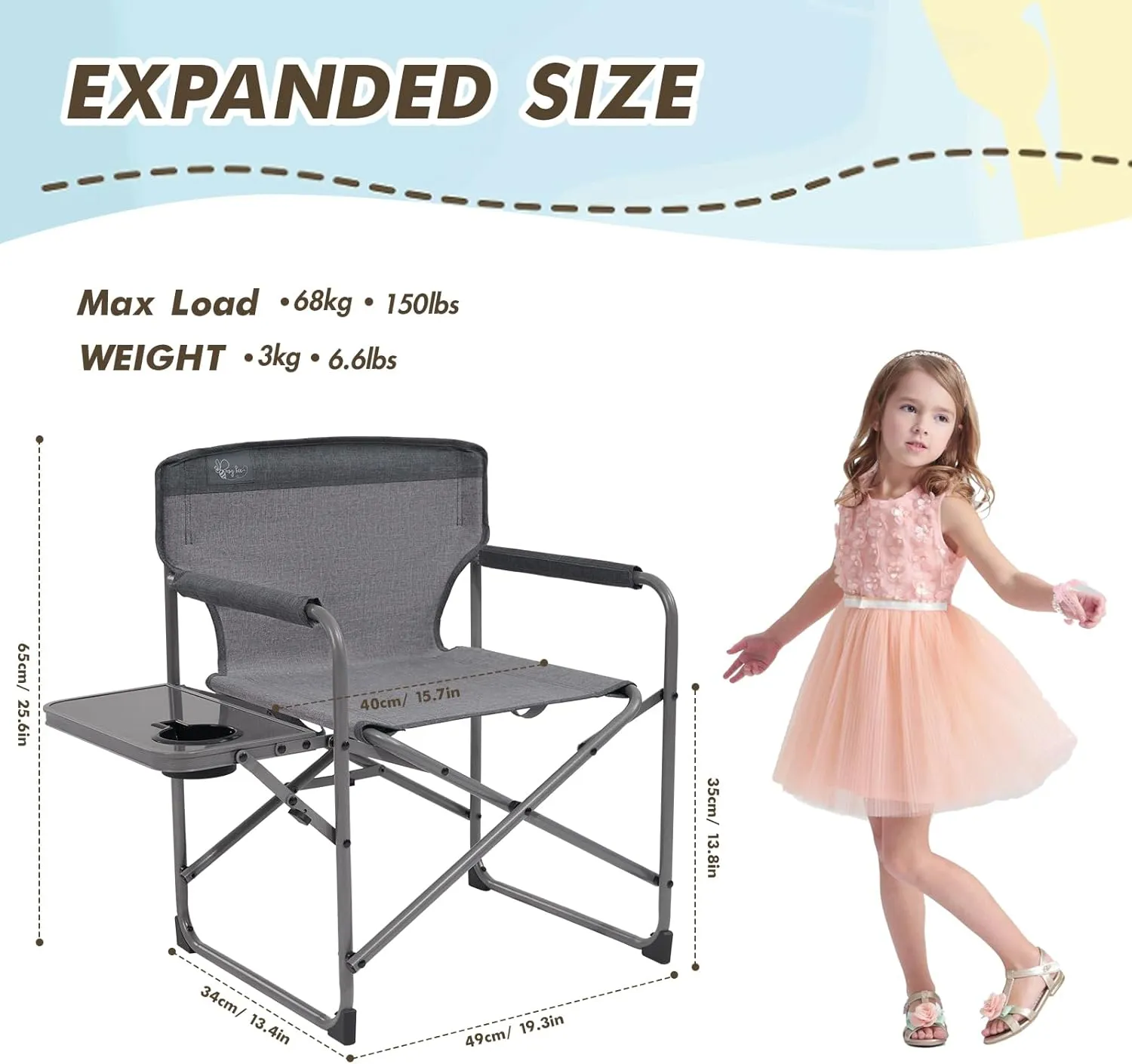 Busy Bee Kids Director Camping Chair with Foldable Side Table, Lightweight, Flat Folding, Compact and Portable, Perfect Kid Beach Chairs, Supports 150 Lbs.