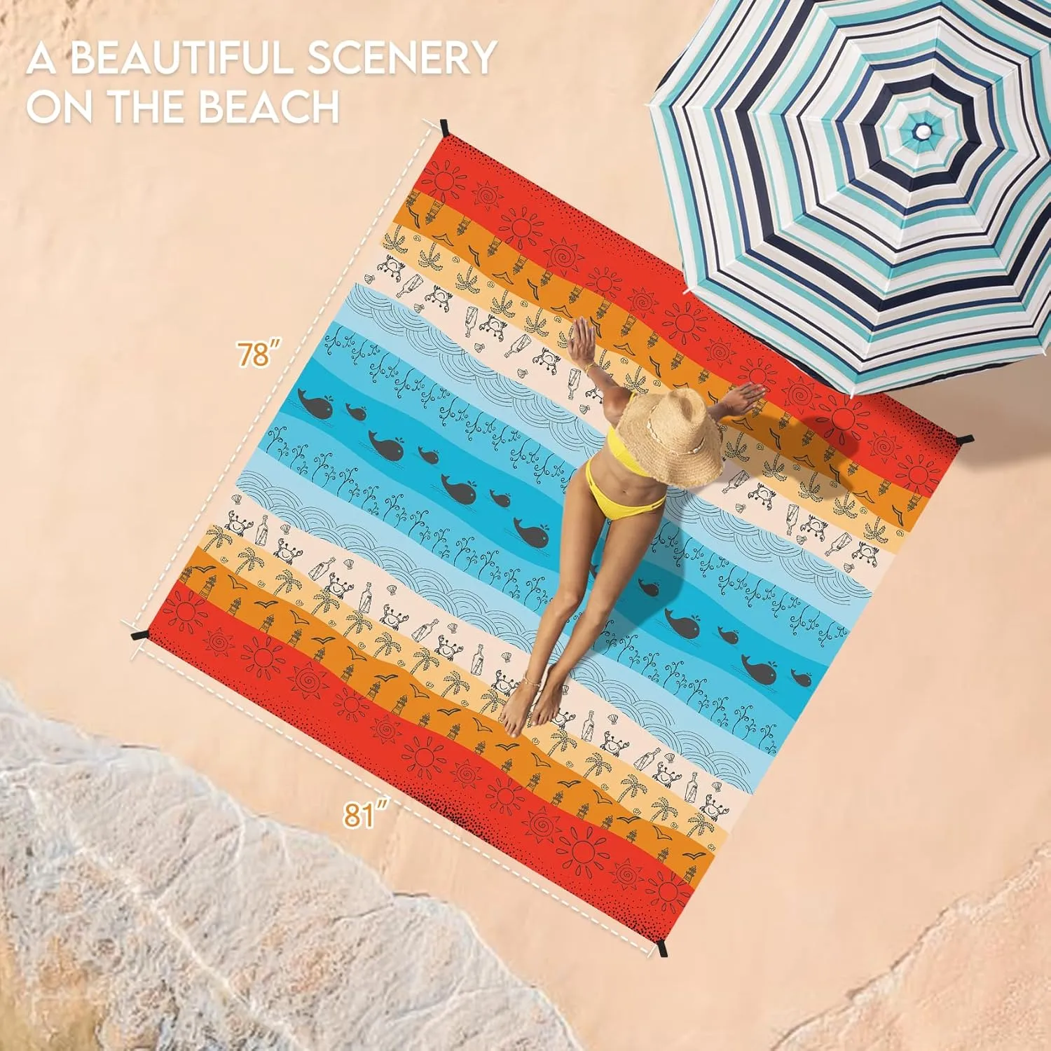 BYDOLL Beach Blanket Waterproof Sandproof 78''×81'' 1-7 Adults Oversized Lightweight Large Picnic Mat Waterproof Sandproof Blanket for Beach
