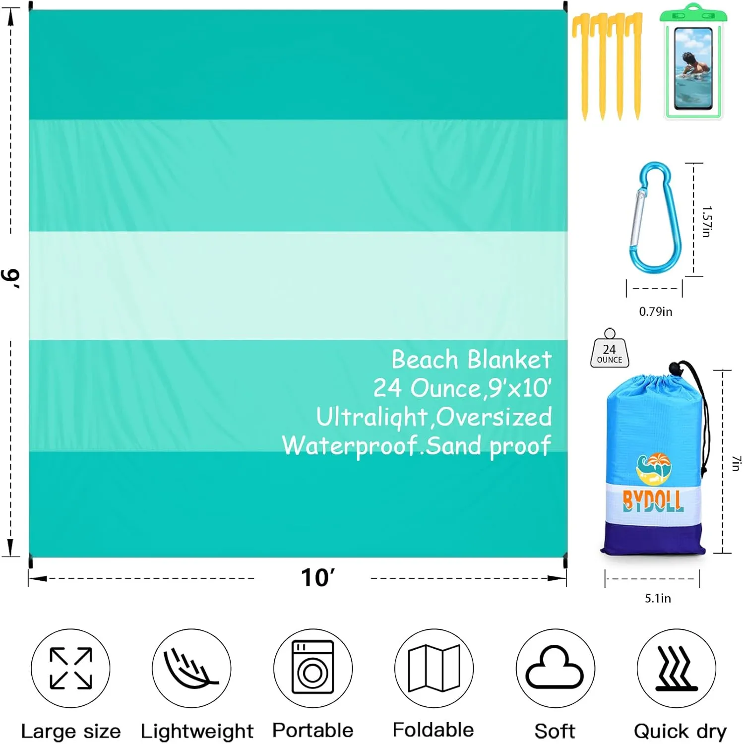 BYDOLL Beach Blanket Waterproof Sandproof 78''×81'' 1-7 Adults Oversized Lightweight Large Picnic Mat Waterproof Sandproof Blanket for Beach