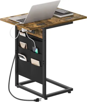 C Shaped End Table, Foldable Sofa Side Table, Small Couch Table with Charging Station and Storage Bag, Slide Under C Table End Table for Living Room, Bedroom, Rustic Brown SF01BR