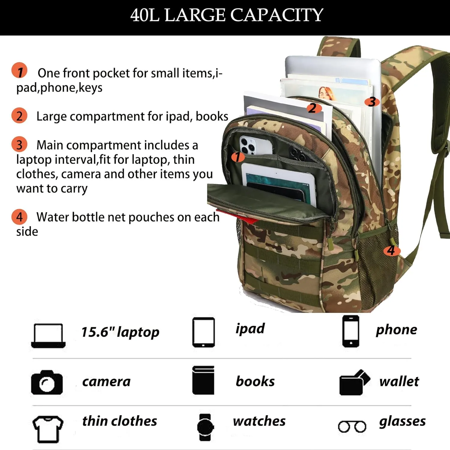 Camo Backpack,Boys Backpack for Scool Military,40L Army Bookbag Waterproof for Middle Elementary