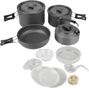 Camp Cooking Set Camping Pot Pan, Portable Aluminum Alloy Outdoor Cookware Set with Storage Net, Pot Teapot Fry Pan Saucer Plate Bowl Soup Spoon for Hiking Barbecue Camping Gear Must Haves