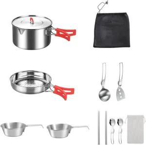 Camp Cooking Set - Camping Set Pots and Pans Stainless Steel,Camping Cooking Gear, Compact Camping Equipment for RV, Hiking, Backpacking