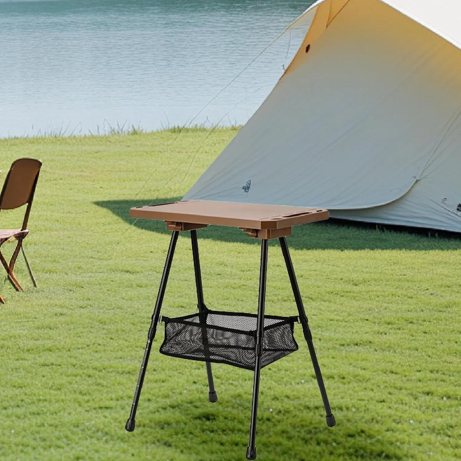 Camp Table Folding Lightweight Furniture Aluminum Alloy with Storage Adjustable Height for Trips Picnic Cooking Beach Kitchen, Khaki