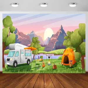 Camper Photo Backdrop 7 x 5 ft Forest Woodland Adventure Theme ​Happy Camper Party Decoration Camping Banner RV Tent Campfire Background Kids Birthday Birthday Party Supplie