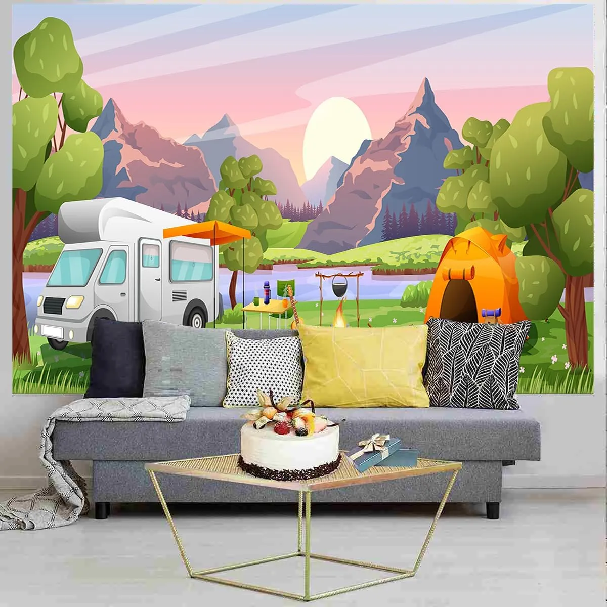 Camper Photo Backdrop 7 x 5 ft Forest Woodland Adventure Theme ​Happy Camper Party Decoration Camping Banner RV Tent Campfire Background Kids Birthday Birthday Party Supplie