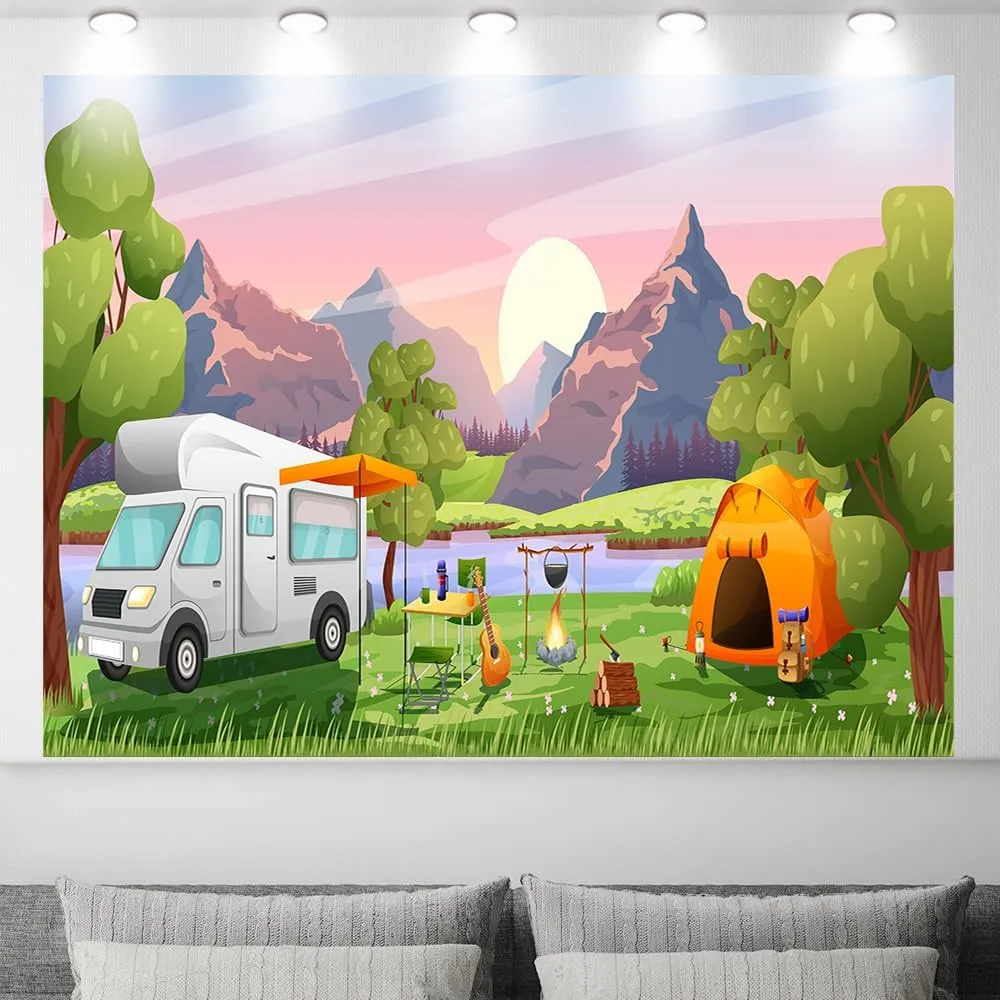 Camper Photo Backdrop 7 x 5 ft Forest Woodland Adventure Theme ​Happy Camper Party Decoration Camping Banner RV Tent Campfire Background Kids Birthday Birthday Party Supplie