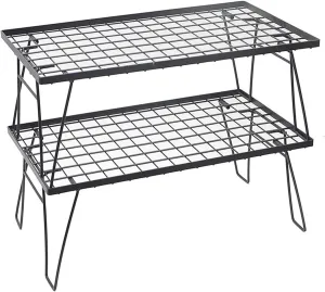 Camping 2 Table with Mesh Desktop Folding Grill Portable Lightweight Metal Picnic Outdoor Small Stand Foldable for Camp Cooking BBQ RV Beach Party