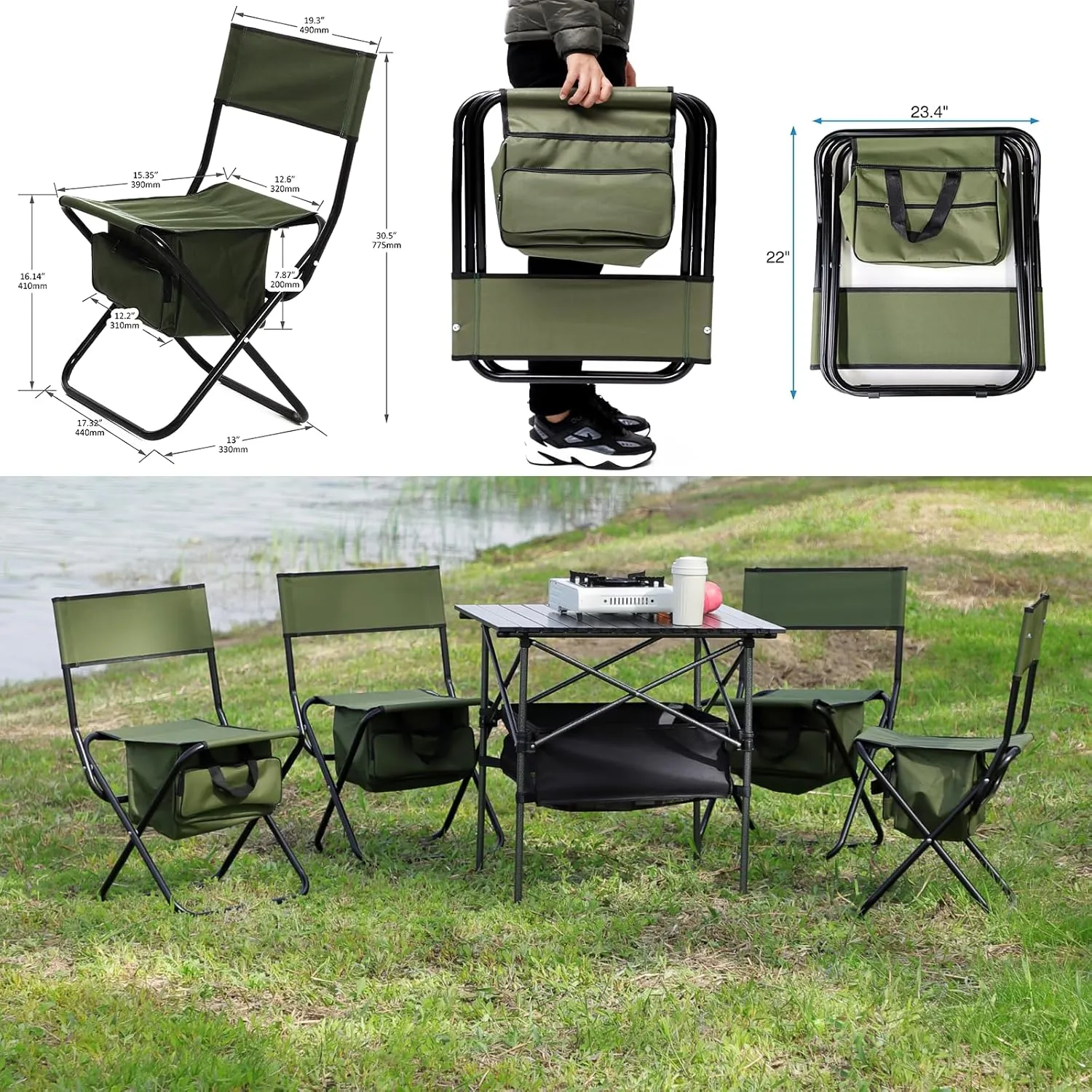 Camping Chair Folding Chairs for Outside, Portable Outdoor Chair wirh Storage Bag, Foldable Camp Chair for Beach, Lawn, Fishing, Sports, Picnic, Backyard, Patio, 2 Pack, Green