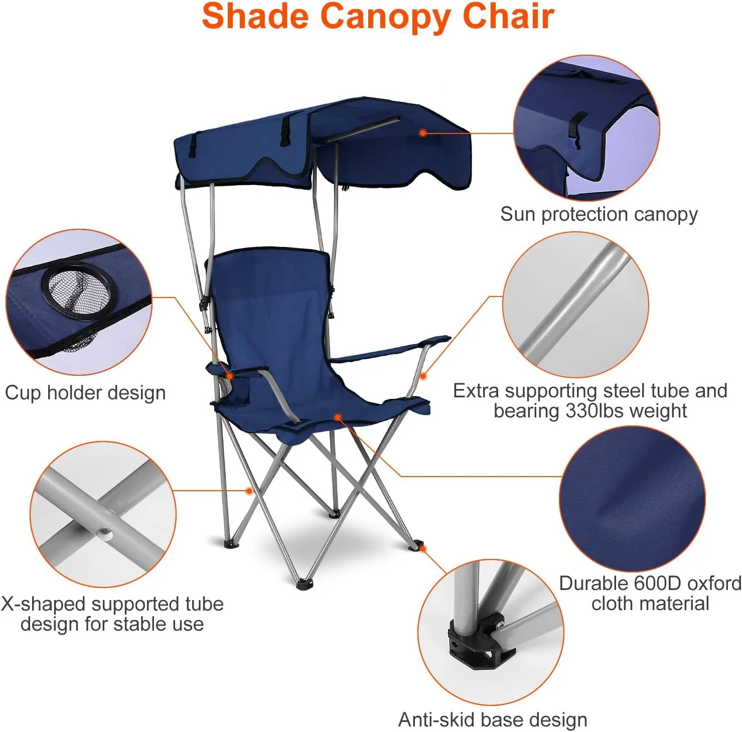 Camping Chair with Canopy, Folding Chairs for Outside, Beach Chair with Canopy Shade, Portable Lawn Chairs with Cup Holders, Heavy Duty Camping Chairs - Support 330 Lbs (Navy)