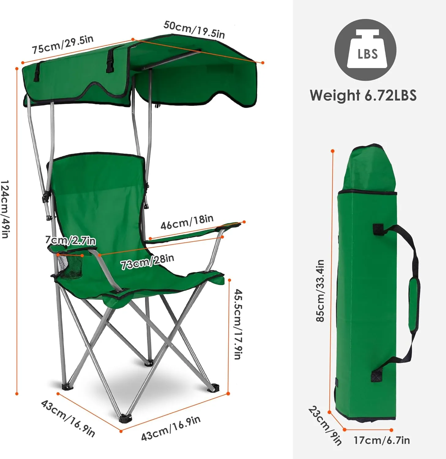 Camping Chair with Canopy - Heavy Duty Max Shade Oversized Folding Chair with Cup Holder, Sun Protection Portable Outdoor Lounge for Beach, Fishing, Sports, Backyard (Green)