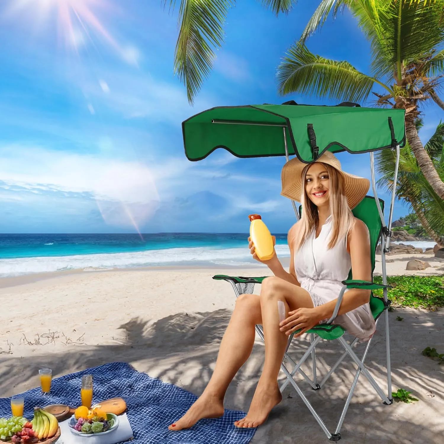 Camping Chair with Canopy - Heavy Duty Max Shade Oversized Folding Chair with Cup Holder, Sun Protection Portable Outdoor Lounge for Beach, Fishing, Sports, Backyard (Green)