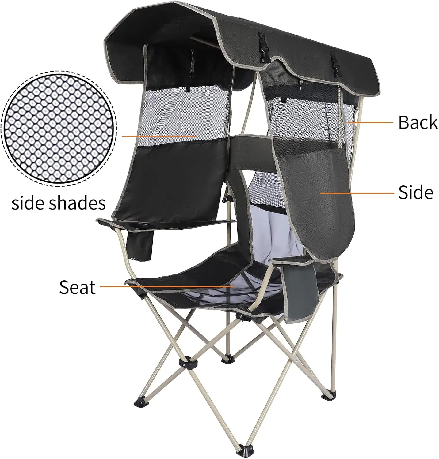 Camping Chair with Canopy Shade - Outdoor Folding Chair with Adjustable Shade, Cup Holder, Side Pockets - Heavy Duty Beach Chair with Full Sun Protection Supports 330 lbs (Army Green)