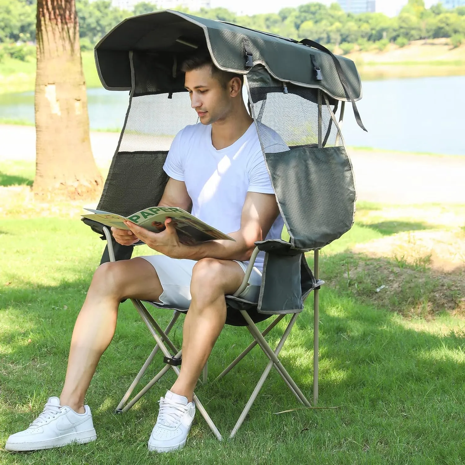 Camping Chair with Canopy Shade - Outdoor Folding Chair with Adjustable Shade, Cup Holder, Side Pockets - Heavy Duty Beach Chair with Full Sun Protection Supports 330 lbs (Army Green)
