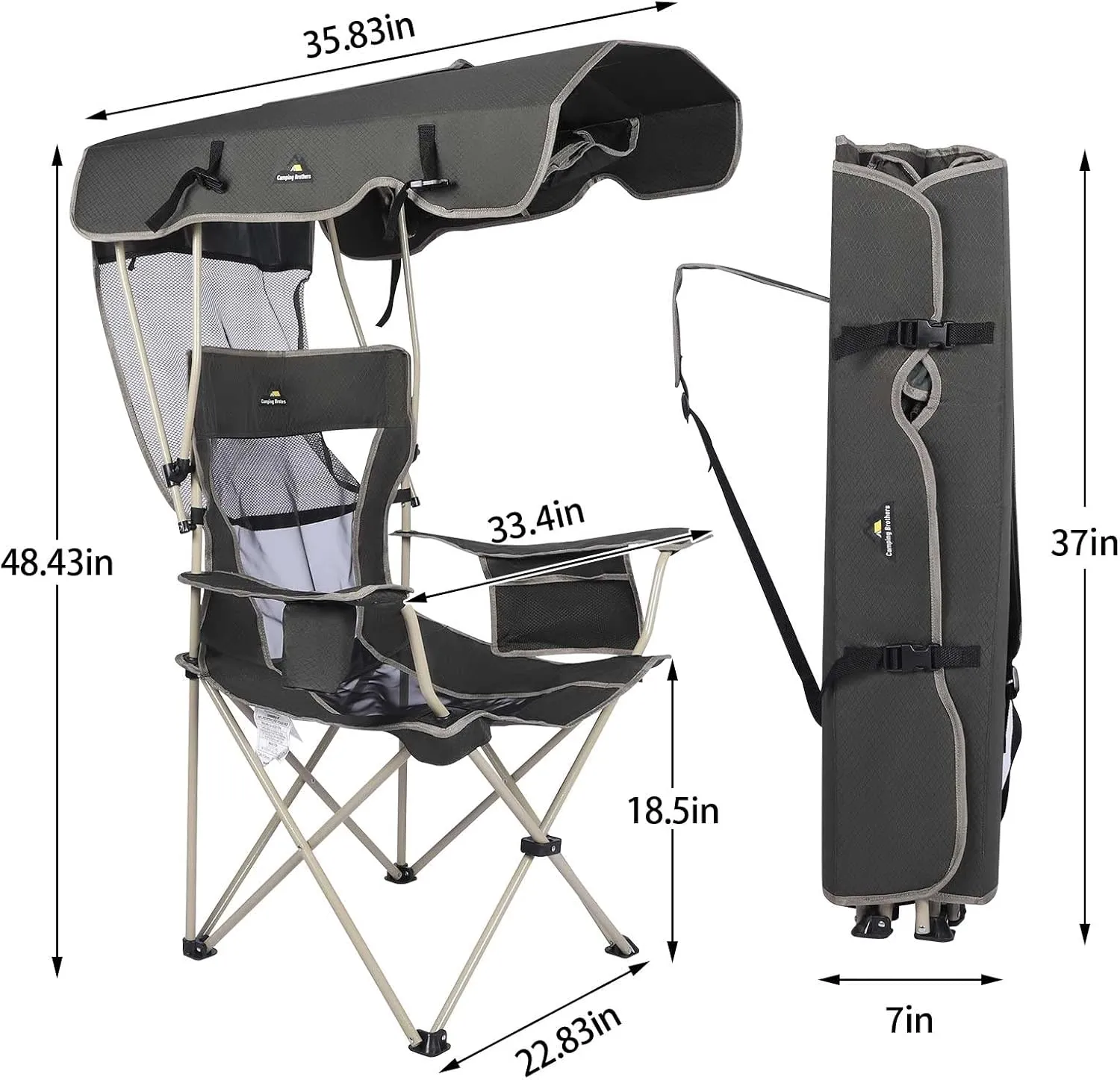 Camping Chair with Canopy Shade - Outdoor Folding Chair with Adjustable Shade, Cup Holder, Side Pockets - Heavy Duty Beach Chair with Full Sun Protection Supports 330 lbs (Army Green)