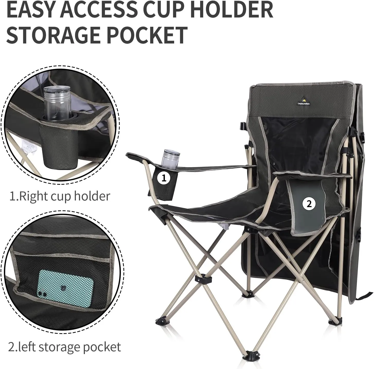 Camping Chair with Canopy Shade - Outdoor Folding Chair with Adjustable Shade, Cup Holder, Side Pockets - Heavy Duty Beach Chair with Full Sun Protection Supports 330 lbs (Army Green)