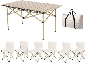 Camping Compact Table Lightweight Lawn Chair Portable Picnic with Seats for More People, Folding Roll up Carbon Steel Garden Patio
