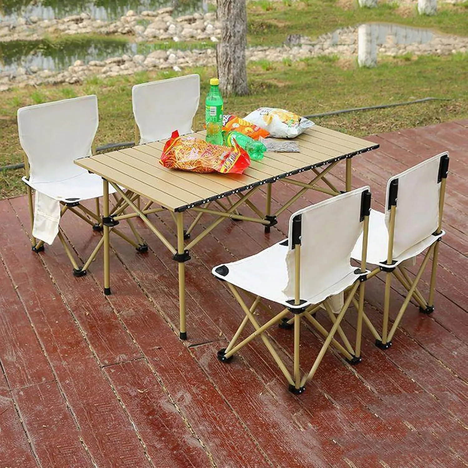 Camping Compact Table Lightweight Lawn Chair Portable Picnic with Seats for More People, Folding Roll up Carbon Steel Garden Patio