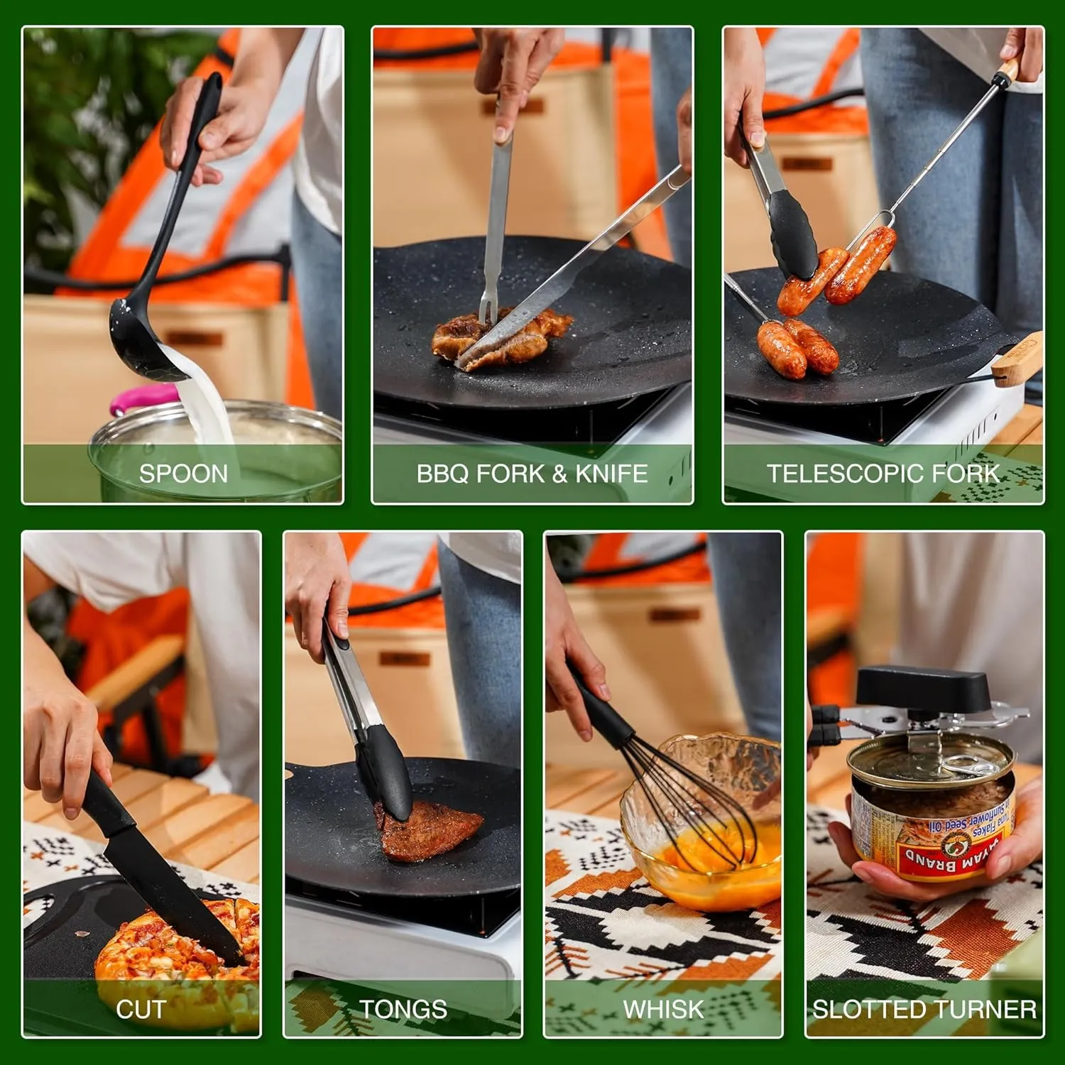 Camping Cooking Essentials Utensils Set - Camp Cookware Kitchen Accessories Kit, Camper Gear Must Haves, Stainless Steel & Silicone, RV Car Portable Outdoor Equipment Tool