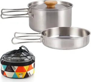 Camping Cookware Set, Compact Stainless Steel Campfire Cooking Pots and Pans, Combo Kit with Storage Bag, Rugged Outdoor Cook Set for Hiking Barbecues Beach
